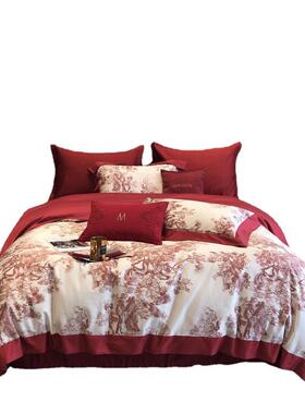 现代风婚大结红纯棉长绒棉四20220004件套高床端垫婚喜庆床上用品