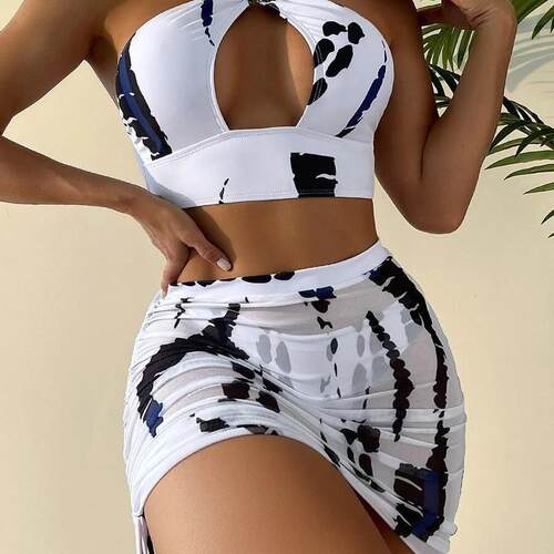 Three-Piece Set Womens Cut-Out Set Ring-Linked Bra & Ruched