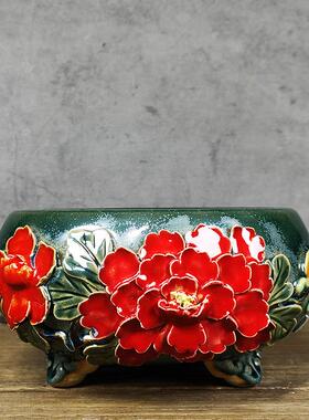岭南石湾花盆贴花雕花冰裂釉面陶瓷手工21中式26口径浅鼓圆盆景盆