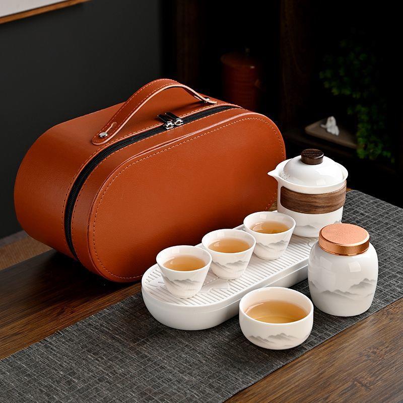 白瓷羊脂玉旅行茶具套装一壶四杯户外便携泡茶快客杯带盘茶罐茶壶
