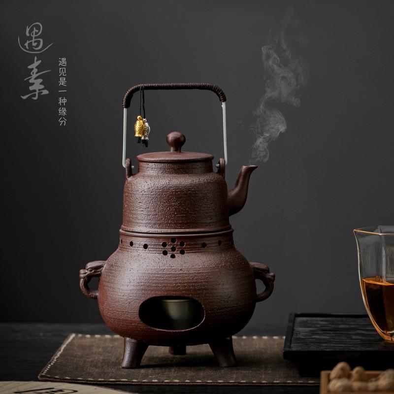 复古粗陶提梁壶煮茶炉套装家用泡茶壶煮茶壶酒精温茶暖茶炉炭火炉