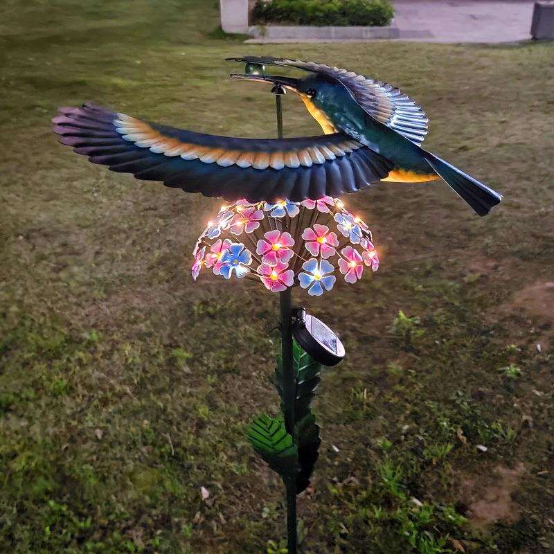 户外景观花园灯饰铁艺摆件风动小鸟旋转铁艺动物花朵落地组合插件