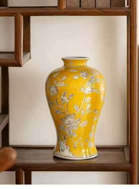 复古复古黄色陶瓷高级装饰手绘花美式花瓶中式瓷器器感新陶瓷玄关
