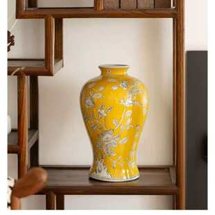 复古复古黄色陶瓷高级装饰手绘花美式花瓶中式瓷器器感新陶瓷玄关