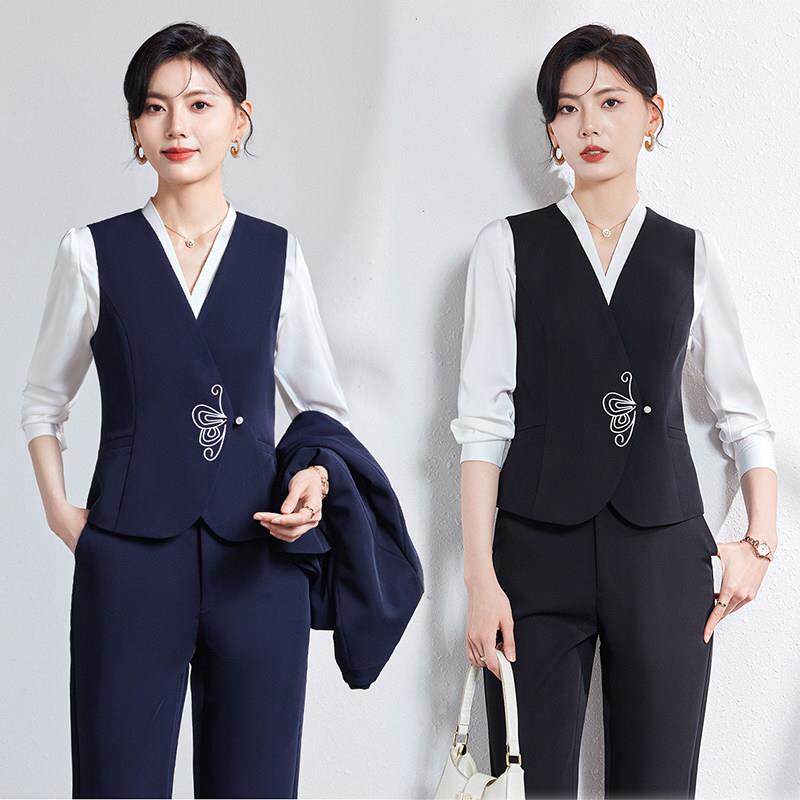 新中式马甲背心女旗袍扣马夹裤子裙套装职业装酒店餐厅工作服制服