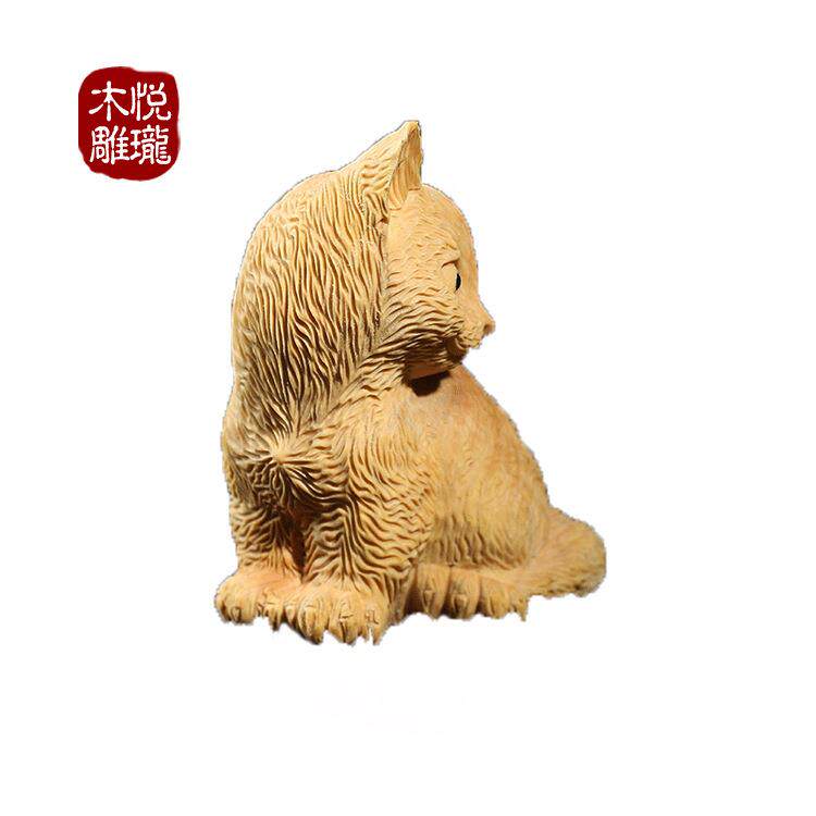 2018新品小猫咪木雕摆件 黄杨木精雕萌宠动物雕刻木质工艺品