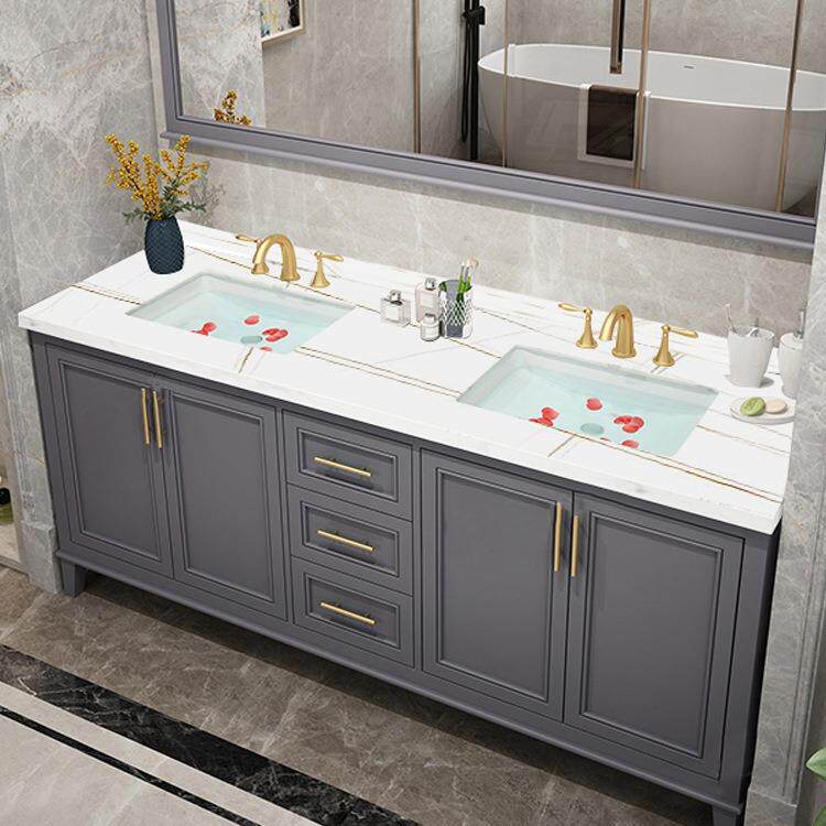 轻奢岩板风水镜浴室柜组合橡木落地式美式简约双台盆高档级洗手台