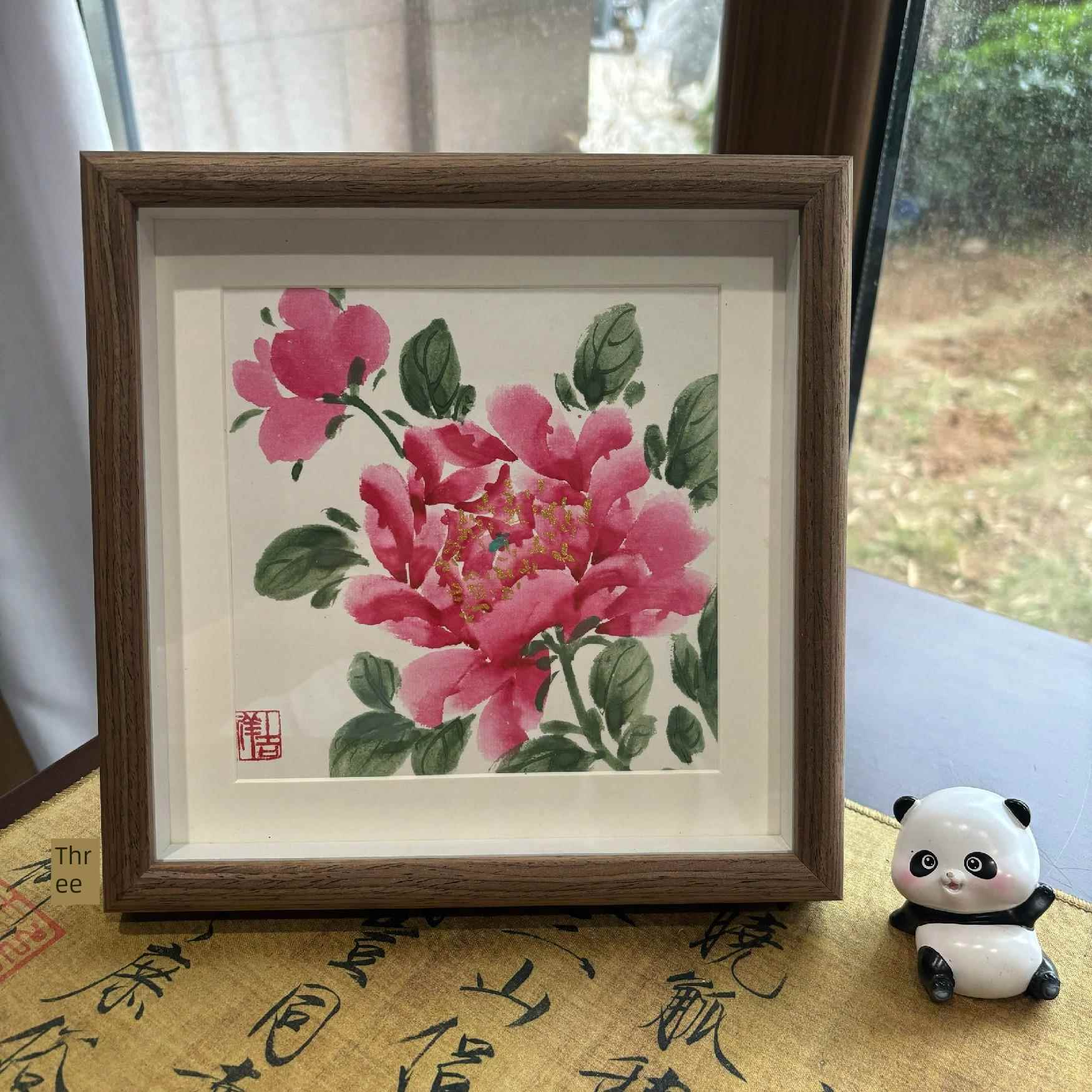 手绘国画牡丹花桌装饰画富贵富贵相框22×22有机玻璃板图片