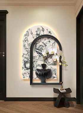 黑白玫瑰入口大厅装饰画古色古香走廊过道挂画法式客厅拱形壁灯