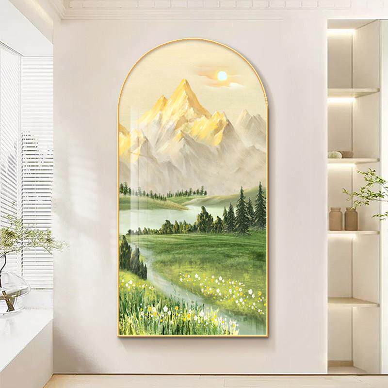 北欧日照金山拱形挂画 画山水风景客厅入户走廊玄关装饰画 画正对