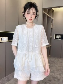 RR fashion 蕾丝钩花短袖上衣高腰短裤套装两件套女2024夏季