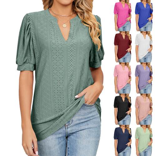 Women's T-shirt collar short sleeved top lantern sleeve
