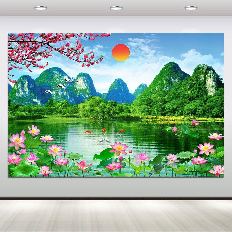 山水画自然风景意境青山绿水客厅餐厅卧室挂画荷花家用壁画自粘画