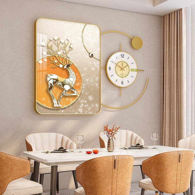 新款直销现风餐厅壁挂饰品晶瓷一体组合装饰画挂画餐桌墙上钟挂表