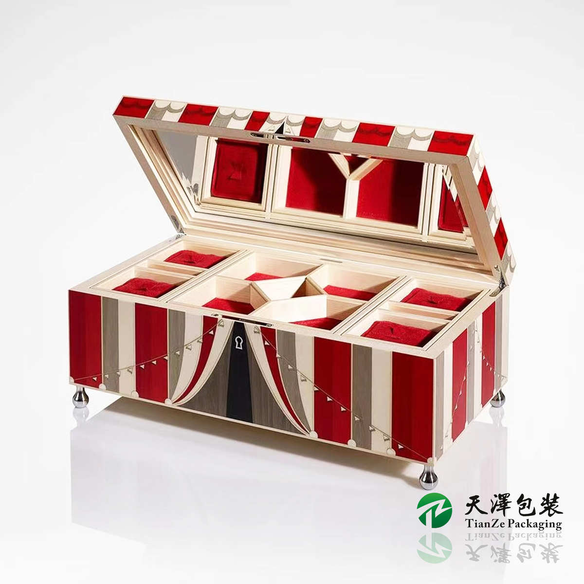 高档木质首饰收纳盒定制木皮拼花工艺烤漆木盒分区首饰盒定制