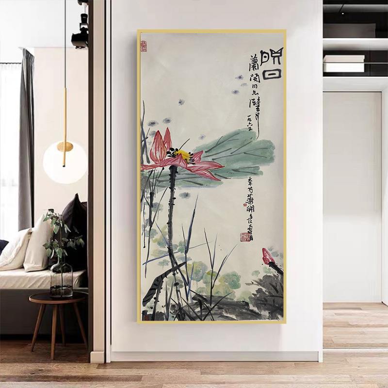 纯手绘玄关装饰画荷花油画新中式挂画走廊过道书房禅意简约抽象画