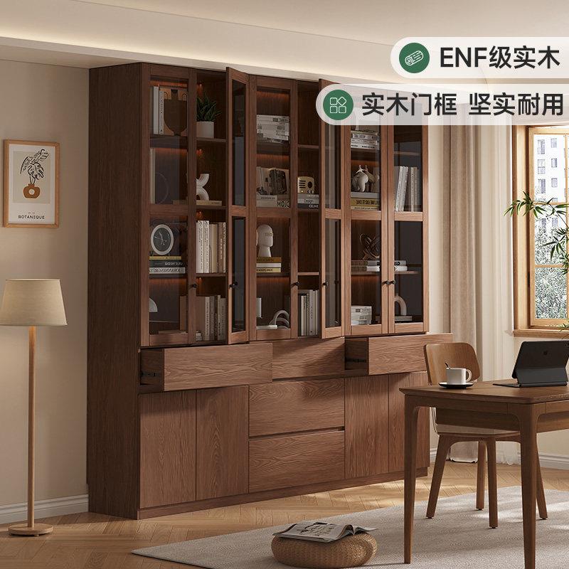 全实木客厅书柜一体整墙玻璃门文件收纳柜书房靠墙书架落地置物架