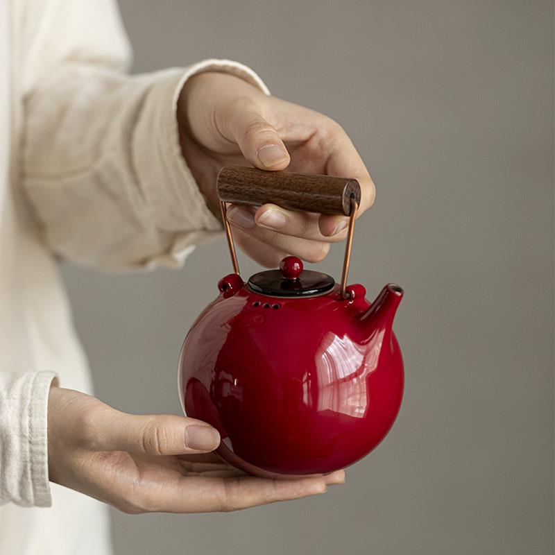 草木祠 赭红陶瓷提梁壶 带过滤泡茶壶小提壶围炉煮茶器蜡烛温茶炉