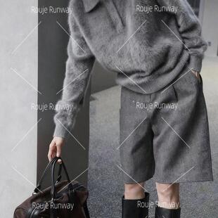 法式Rouje Runway加厚毛呢五分裤女早春新款高级感直筒休闲裤短裤