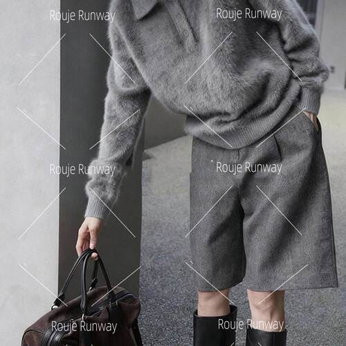 法式Rouje Runway加厚毛呢五分裤女早春新款高级感直筒休闲裤短裤