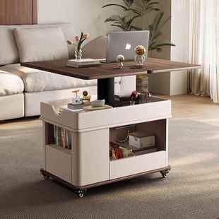 实木可移动茶几家用折叠升降可储物边柜多功能沙发边几岩板小推车