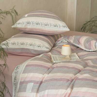 A类韩系色清MOR新碎花刺绣皱皱纱被罩粉全棉亲柔软床肤双人四件套