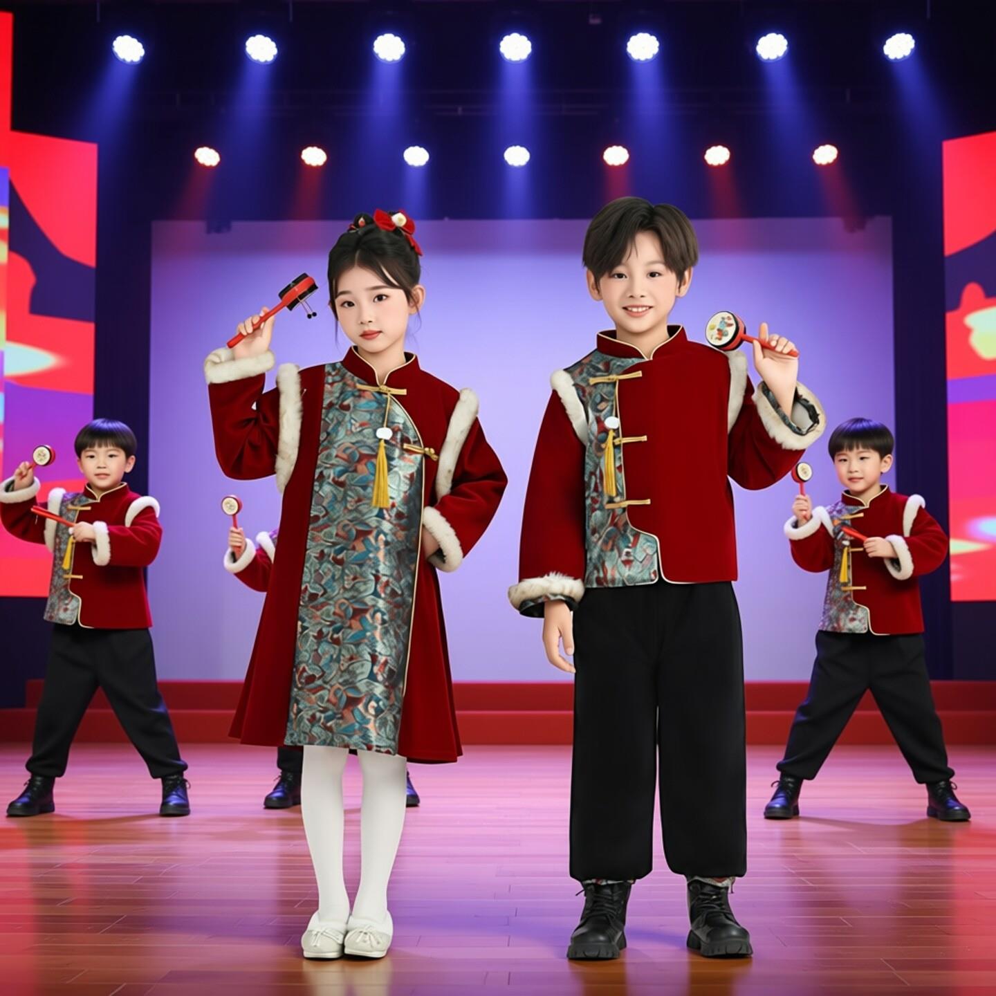 儿童小梦娃演出服民族舞蹈服开门红拜年服喜庆演出服拨浪鼓表演服
