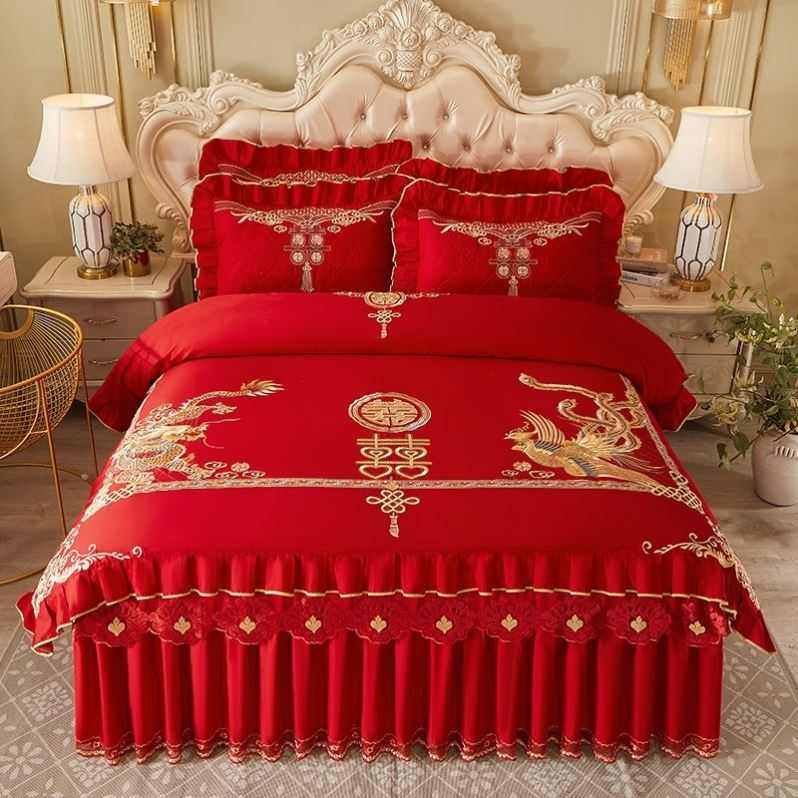 结婚大红色全棉四件套纯棉床裙中式加厚床罩喜庆龙凤被套婚庆床品,床上用品,婚庆床品套件,淘宝优惠券,粉丝福利购,淘宝优惠卷
