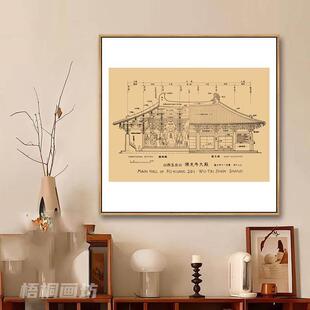 梁思成建筑手稿挂画书房玄关画设计院装饰画中国古建筑玄关柜壁画