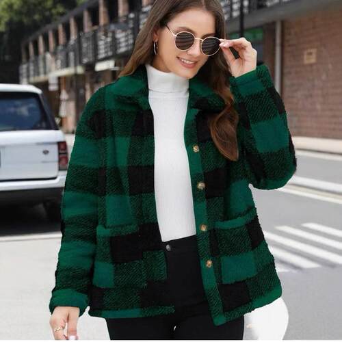 Women's Thick Plush Coat Autumn Winter Long Sleeve Tartan