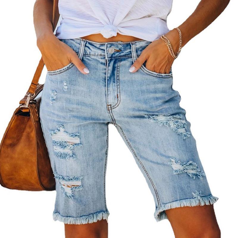Womens ripped slim fit all-match denim washed raw edge