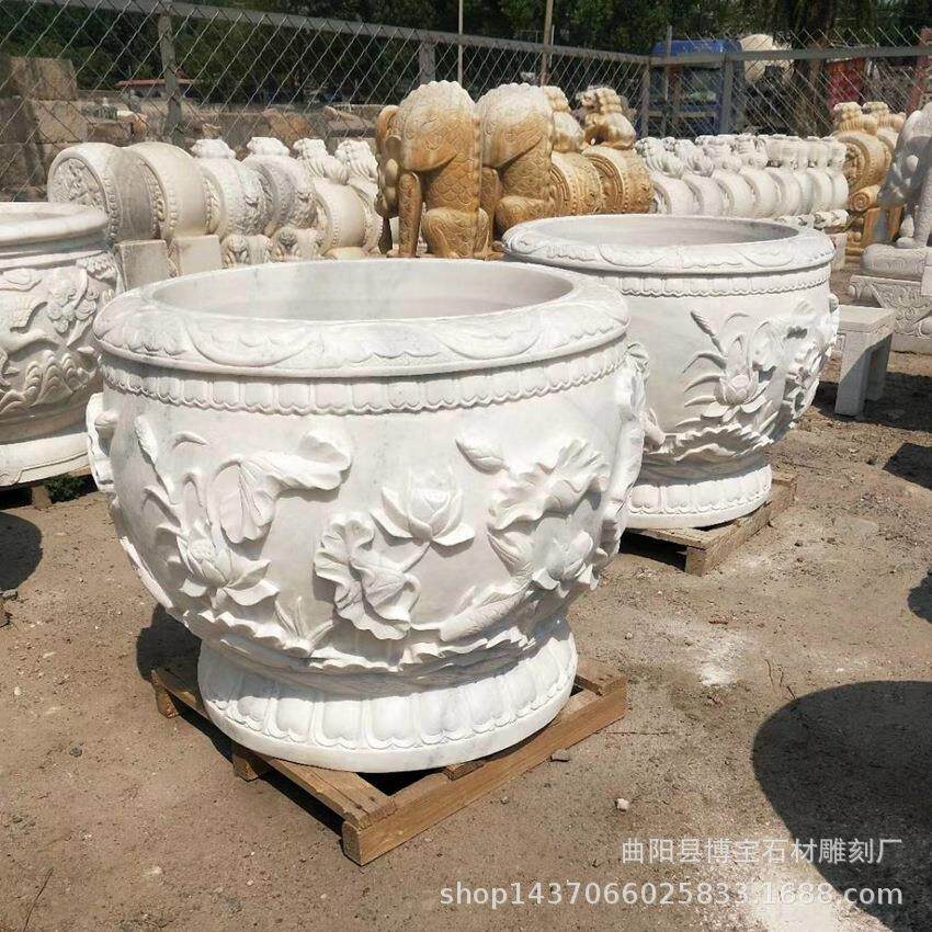 汉白玉石雕水缸 庭院石头养鱼荷花缸 圆形雕花石头缸摆件现货优惠