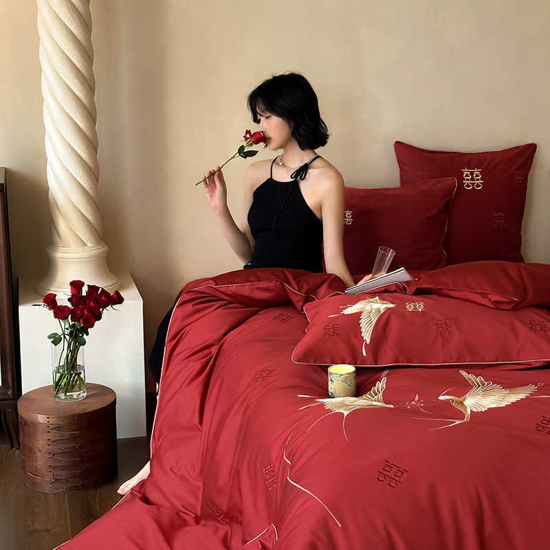 简约新中式婚庆四件套全棉喜鹊花鸟刺绣红色结婚被套床单陪嫁床品