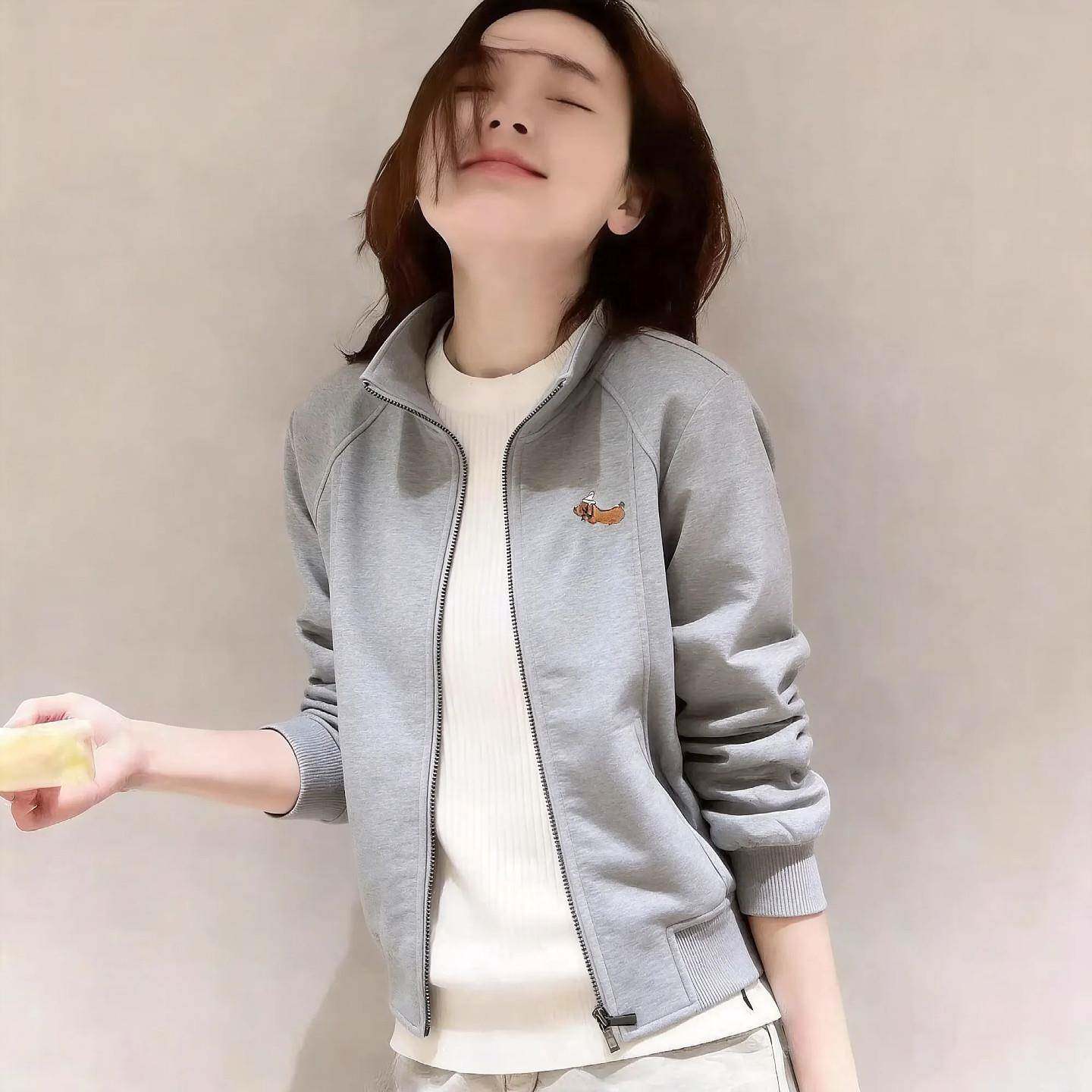 韩国小狗刺绣短版卫衣开衫女小个子春秋新款立领拉炼运动休闲外套