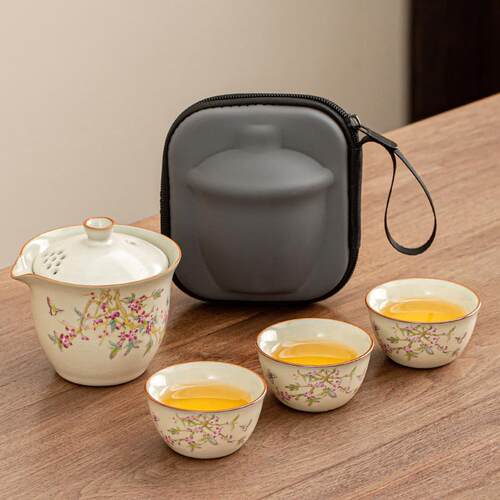 高档汝窑旅行具套装便式泡茶功夫茶杯一壶三壶杯户外露携营茶喝茶
