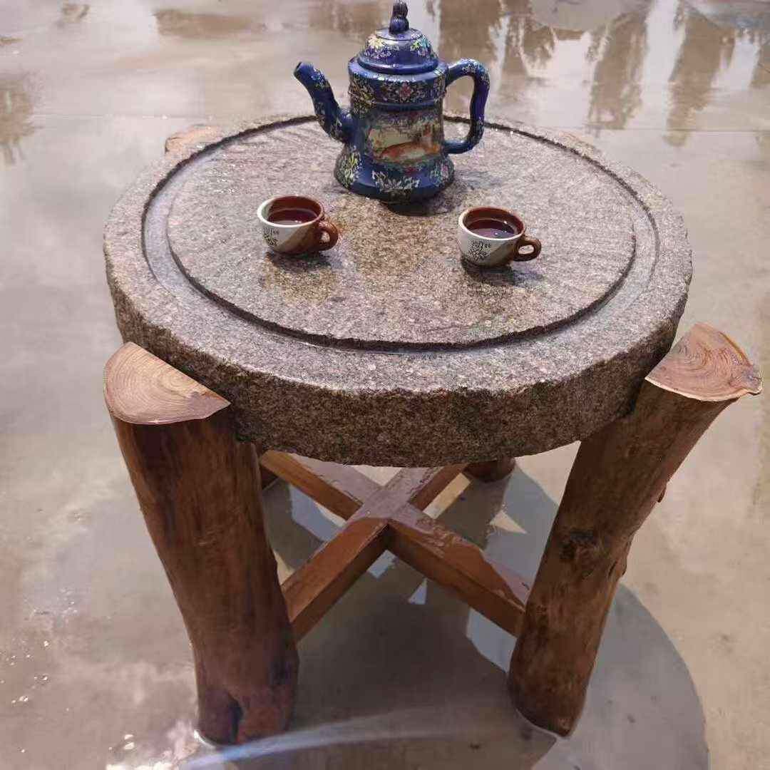 老磨盘茶桌青石磨盘路面铺地园林景区旧磨盘摆件民间磨盘茶台