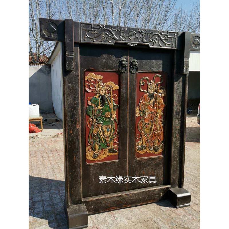老松木实木大门仿古别墅庭院大门四合院进户门雕刻做旧门神双开门