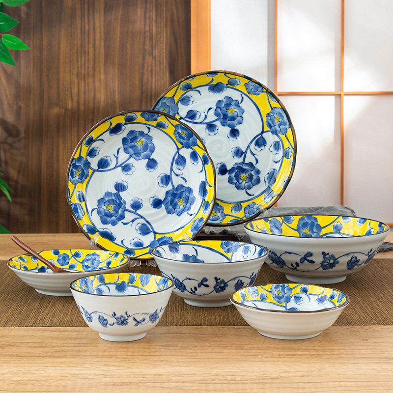 日本进口有古窑黄彩牡丹米饭碗汤碗高脚碗家用陶瓷餐具平盘菜盘