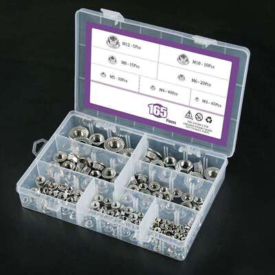 165pcs304不锈钢DIN6923六角法兰螺母M3~M12跨境盒 装螺母套装