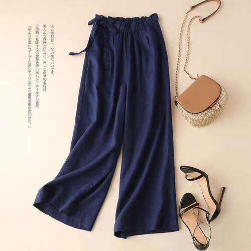 Cotton and linen thin wide leg pants for women, with a