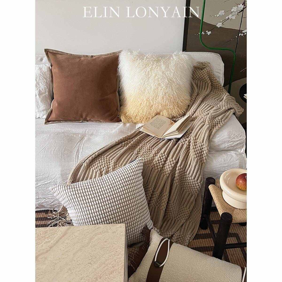 ELIN LONYAIN现代简约中式侘寂风咖色卡其组合靠垫抱枕样板房方枕