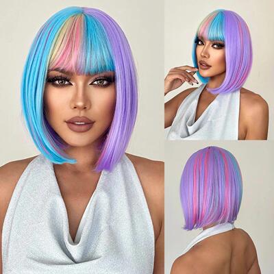 Straight Natural Bob Women Wig Blue Purple Pink Yellow Color