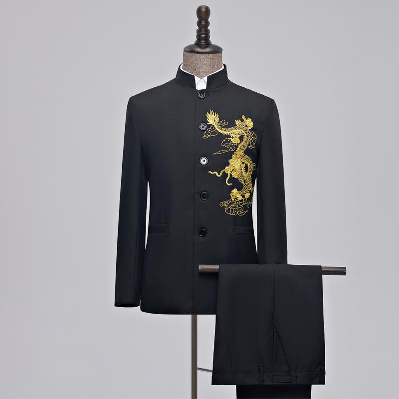 高档青年学生美考试用黑绣龙、中山服加班中老装年主唱诗歌术手服