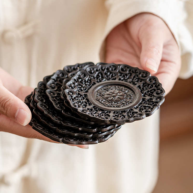 紫光檀镂空缠枝莲纹雕刻茶杯垫禅意复古茶具中式隔热茶托繁花