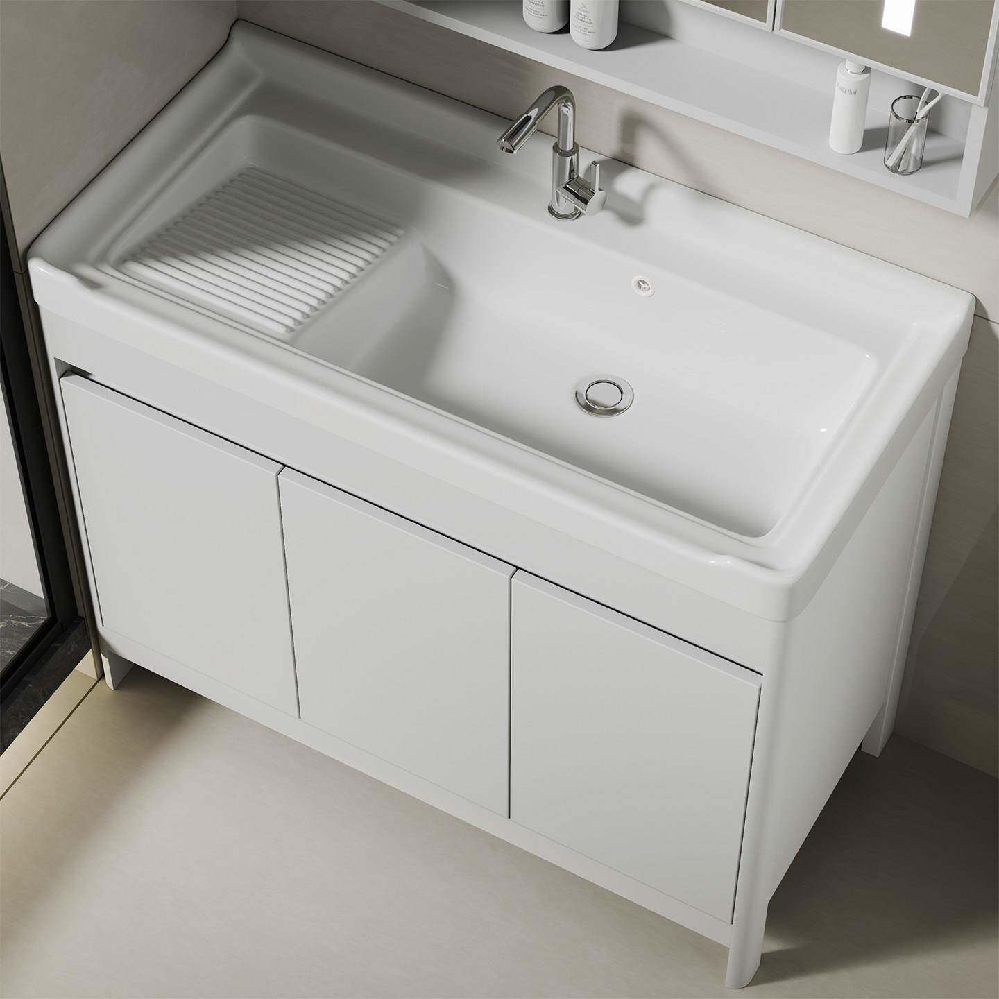 洗衣柜带搓板一体陶瓷洗衣盆池太空铝浴室柜组合阳台落地式洗手盆