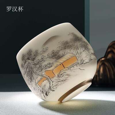 羊脂玉素烧高档茶具 泉林幽居 水墨主人杯