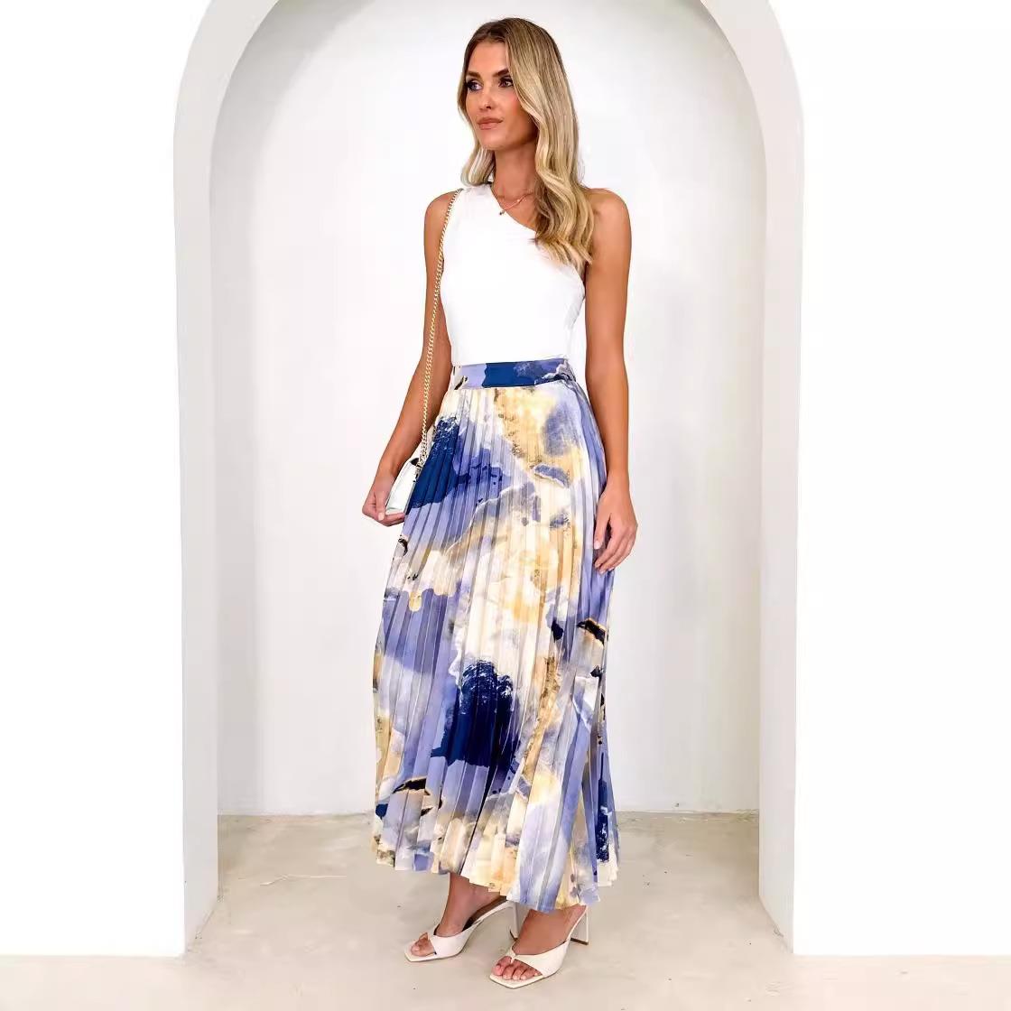 High-grade oil painting pleated skirt drapey A-line for