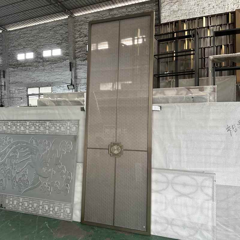 夹丝玻璃店屏不锈22-1-7钢边框浮风雕金属断隔山水画酒艺术夹绢玻