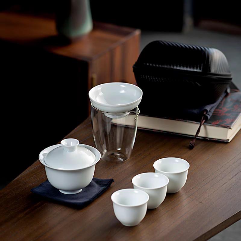 杯功夫白瓷户外露营泡茶套装德化茶漏茶具旅行便携盖碗快客公道