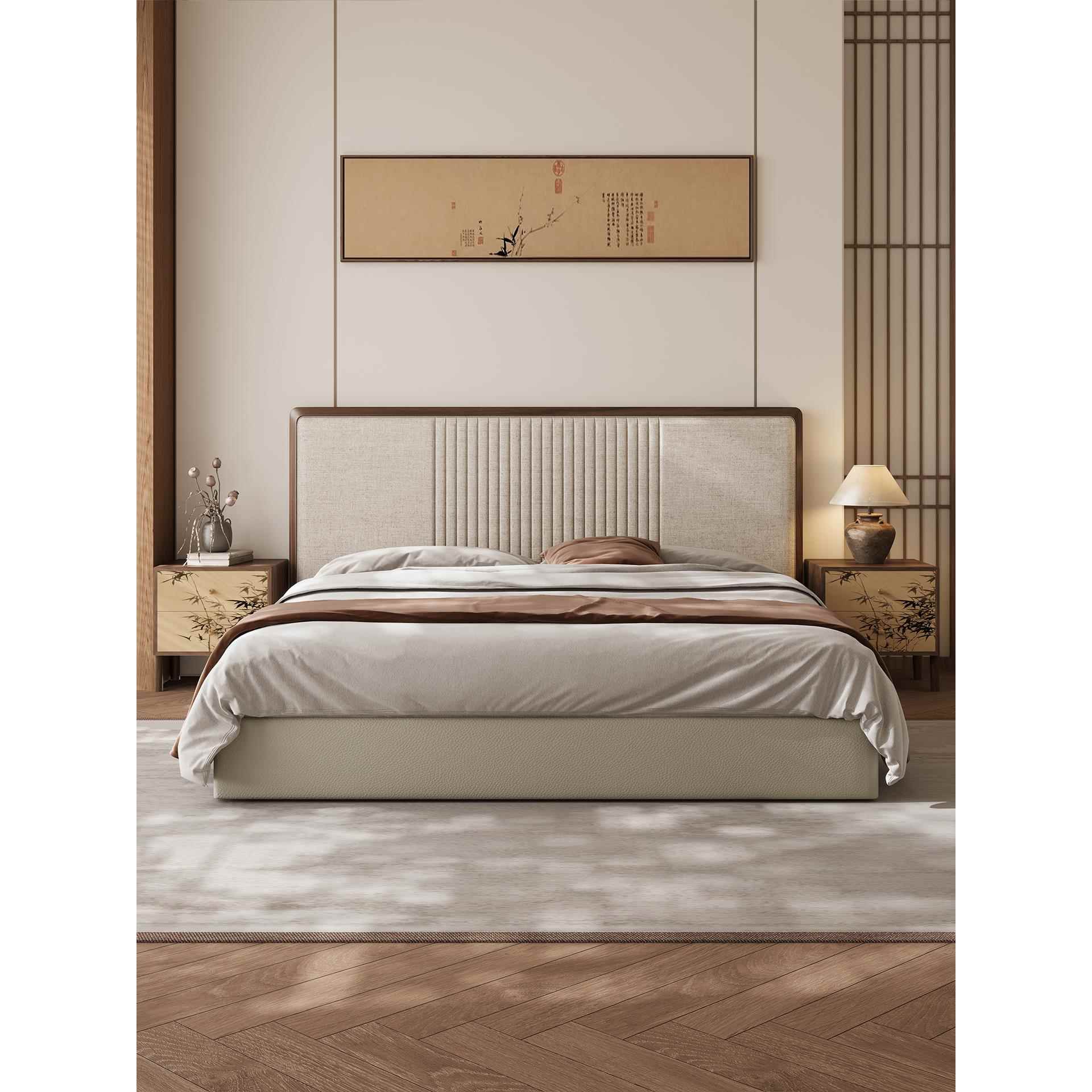 新中式主卧室1米8双人床政府补贴黑胡桃实木软包婚床宋式美学家具